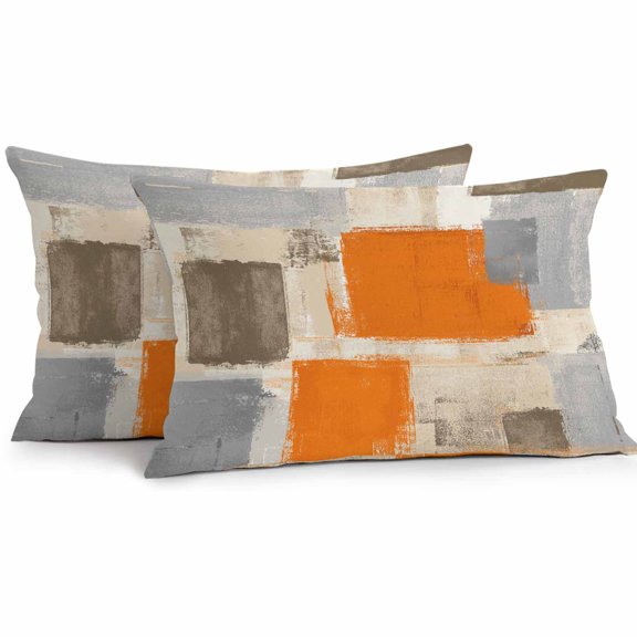 Burnt Orange Grey Outdoor Pillow Covers, Waterproof Decorative Throw Pillowcases Set of 2, Abstract Modern Oil Painted Geometric Couch Cushion Cases with Zipper for Outside Patio Garden Sofa 20"x12"