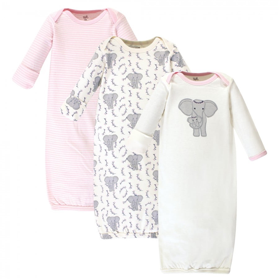 Touched by Nature Baby Girl Organic Cotton Long-Sleeve Gowns 3pk, Girl Elephant, Preemie