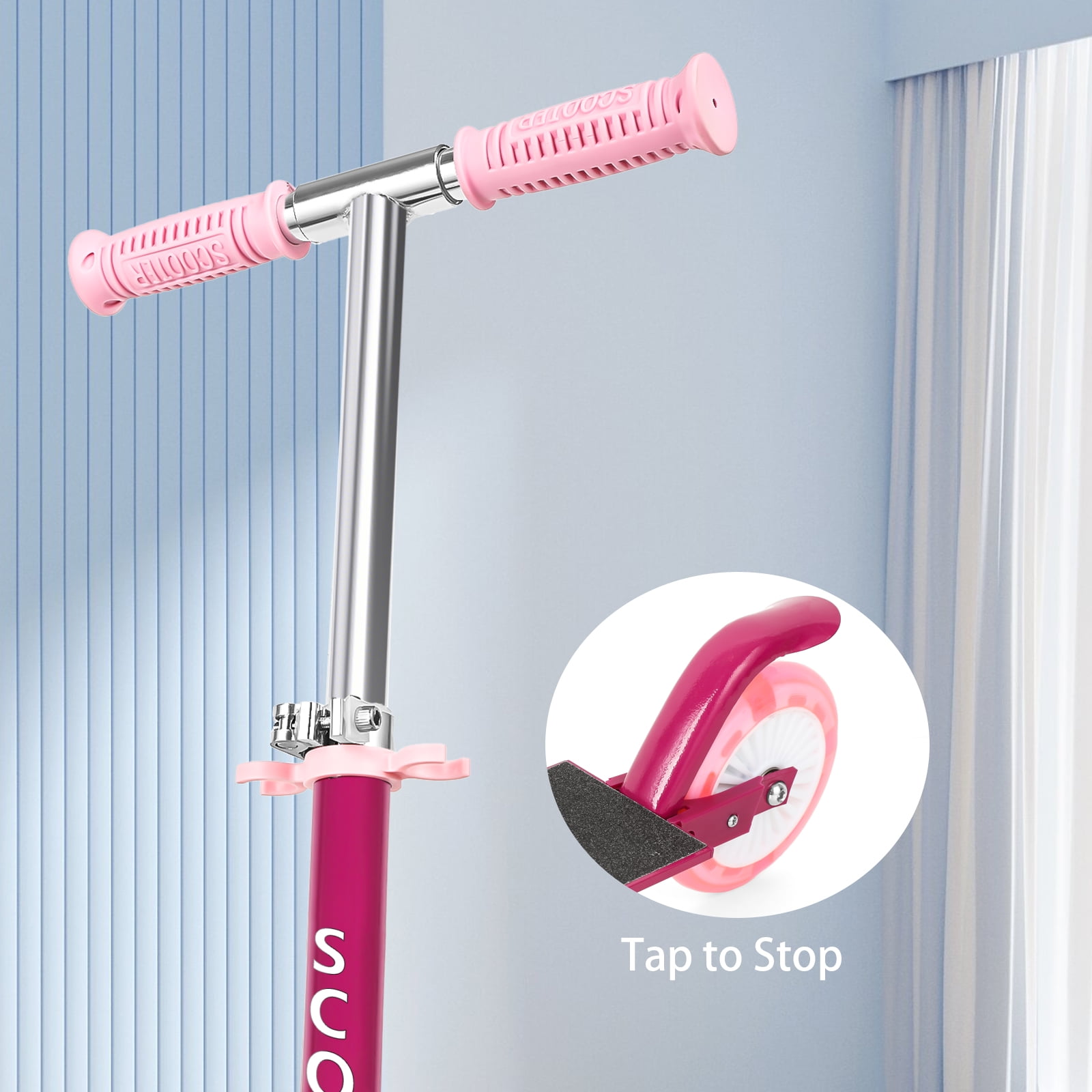 Scooter With 2 Wheels, for Kids Ages 6+, Kickstand Foot Support, Adjustable Height & Foldable, Fuchsia
