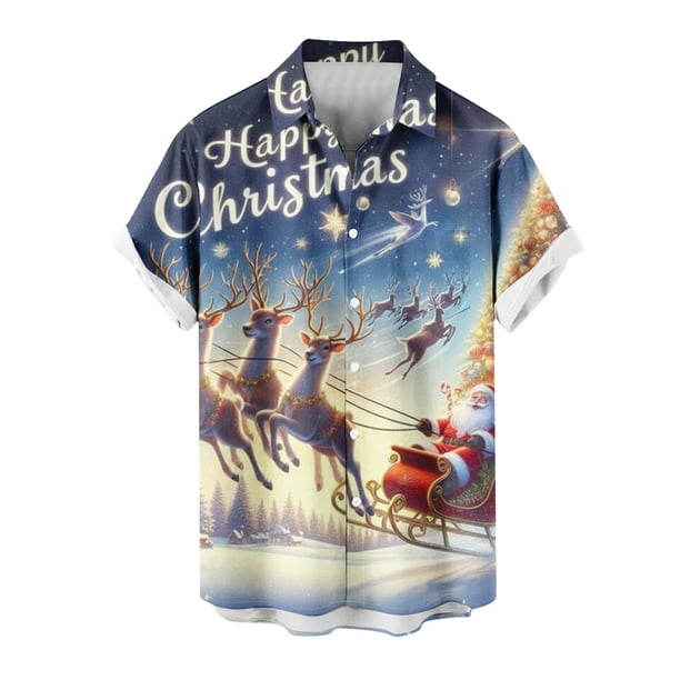 Mens Manga Corta Botón Abajo Camisas, Cuello de Vuelta Navidad Impresa Blusa, Top de Moda Casual