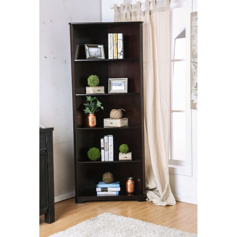 Benzara Five Shelves Solid Wood Corner Bookshelf, Dark Walnut Brown