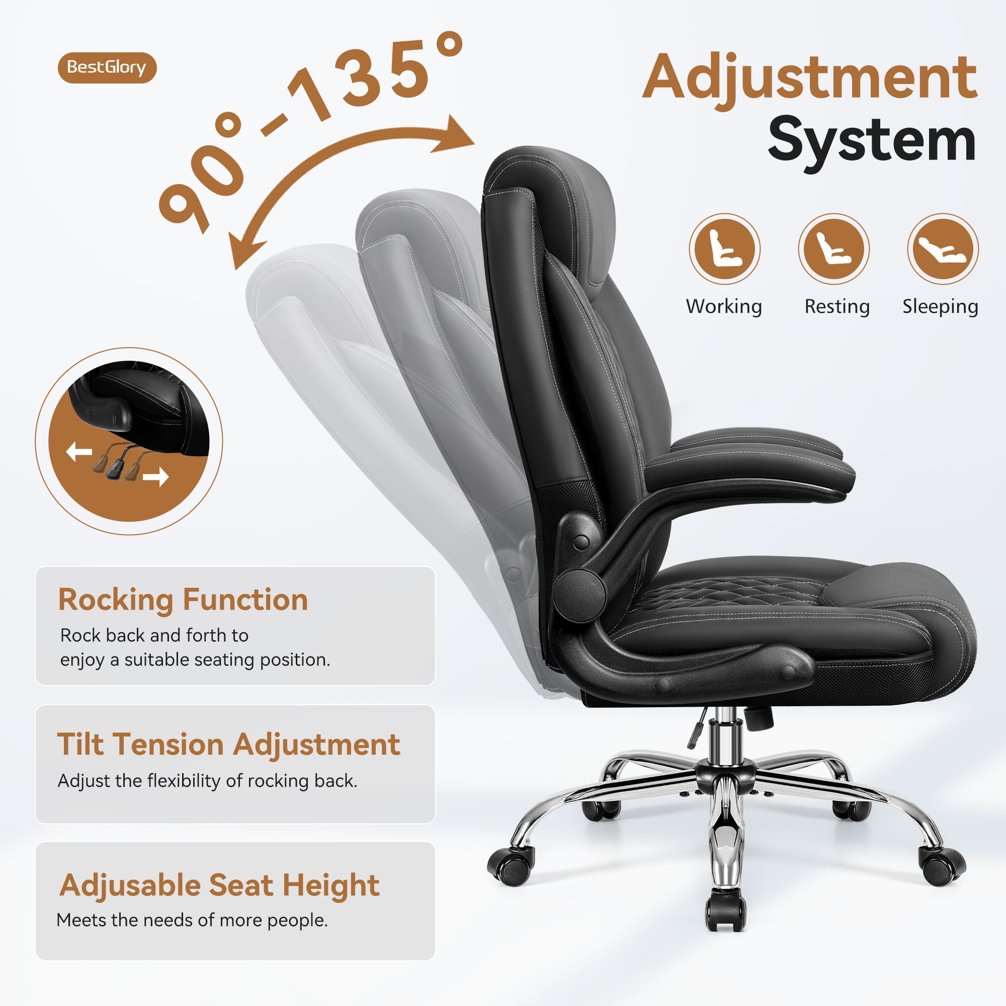 FASTES Ergonomic Office Chair, Desk Chair with High Back Flip-up Armrests Big and Tall Gaming Leather Chair with Rocking Function 2 Reclining Position,Black