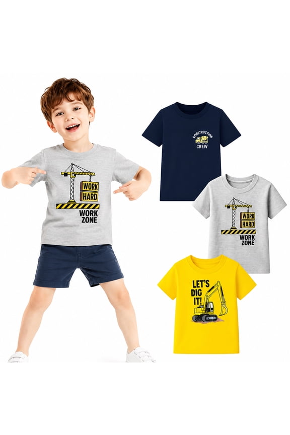 2-7T Toddler/Little Boys Yellow/Grey/Navy Construction Trucks 100% Cotton T-Shirt 3-Pack, Size 5T