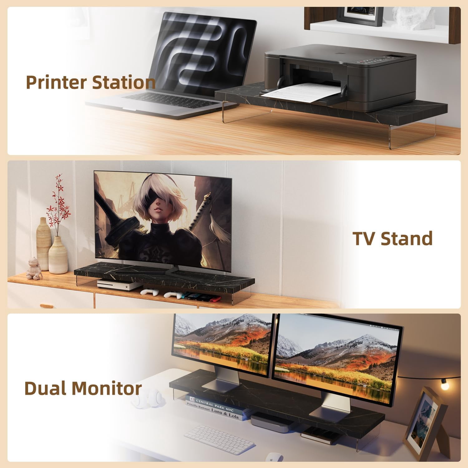 Dual Monitor Stand Riser, 40 Inch Large Computer Monitor Shelf with Storage for Office Desk, Wood Acrylic Desktop Organizer for Laptop TV Printer