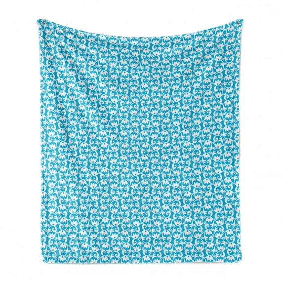 Abstract Soft Flannel Fleece Throw Blanket, Simplistic Layout Floral Inspired Pattern of Ornaments in Monotone, Cozy Plush for Indoor and Outdoor Use, 50" x 70", Deep Sky Blue and White, by Ambesonne