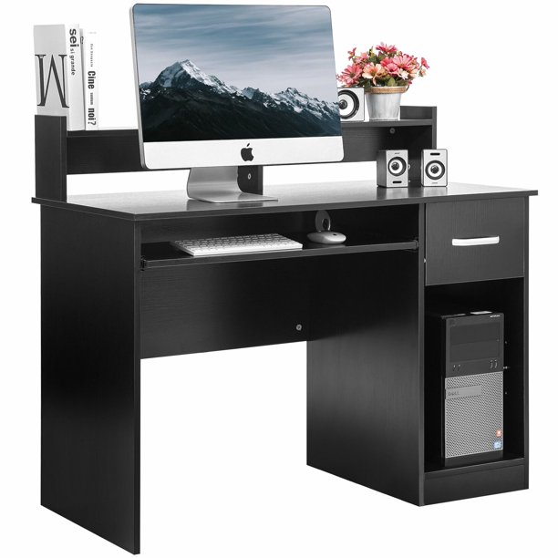 Black Computer Desk Office with Hutch and Keyboard Tray Workspace 80lbs
