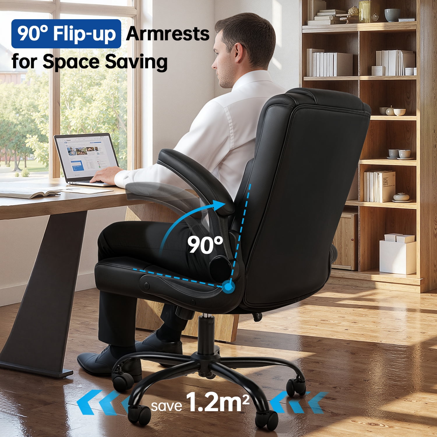 Waleaf Leather Office Chair,Wide Seat Small Computer Desk Chair Ergonomic Mid-Back Executive Chair with Back Support for Short People,Black