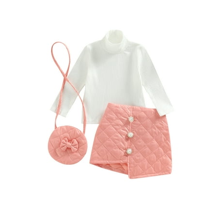 

aturustex 3Pcs Toddler Girls Skirt Set Long Sleeve High Neck Tops+Irregular Hem Skirt +Shoulder Bag 9M 12M 24M 3T 4T 5T