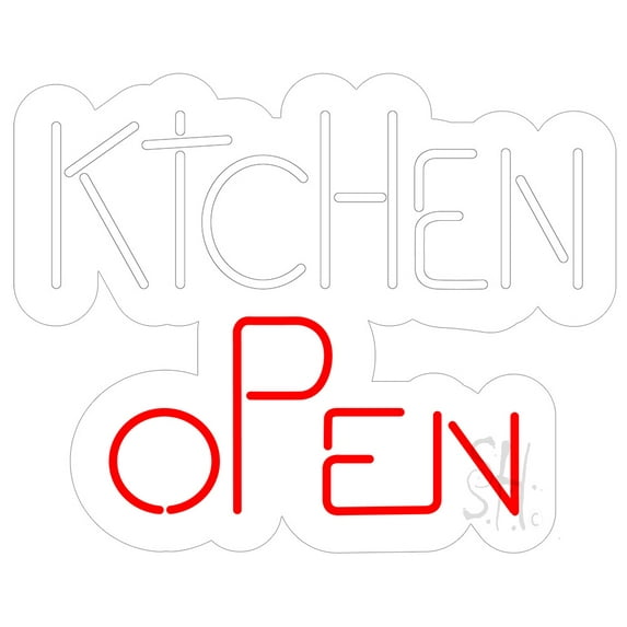 Kitchen Open Contoured Clear Backing LED Neon Sign 15 x 19 - inches, Clear Edge Cut Acrylic Backing, with Dimmer - Bright and Premium built indoor LED Neon Sign for restaurant decor.