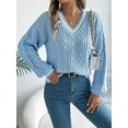 thumbnail image 4 of Women'S Long Sleeve V Neck Cable Knit Sweater 2025 Fall Pullover Top Cute Soft Dressy Casual Outfits Blue L, 4 of 8