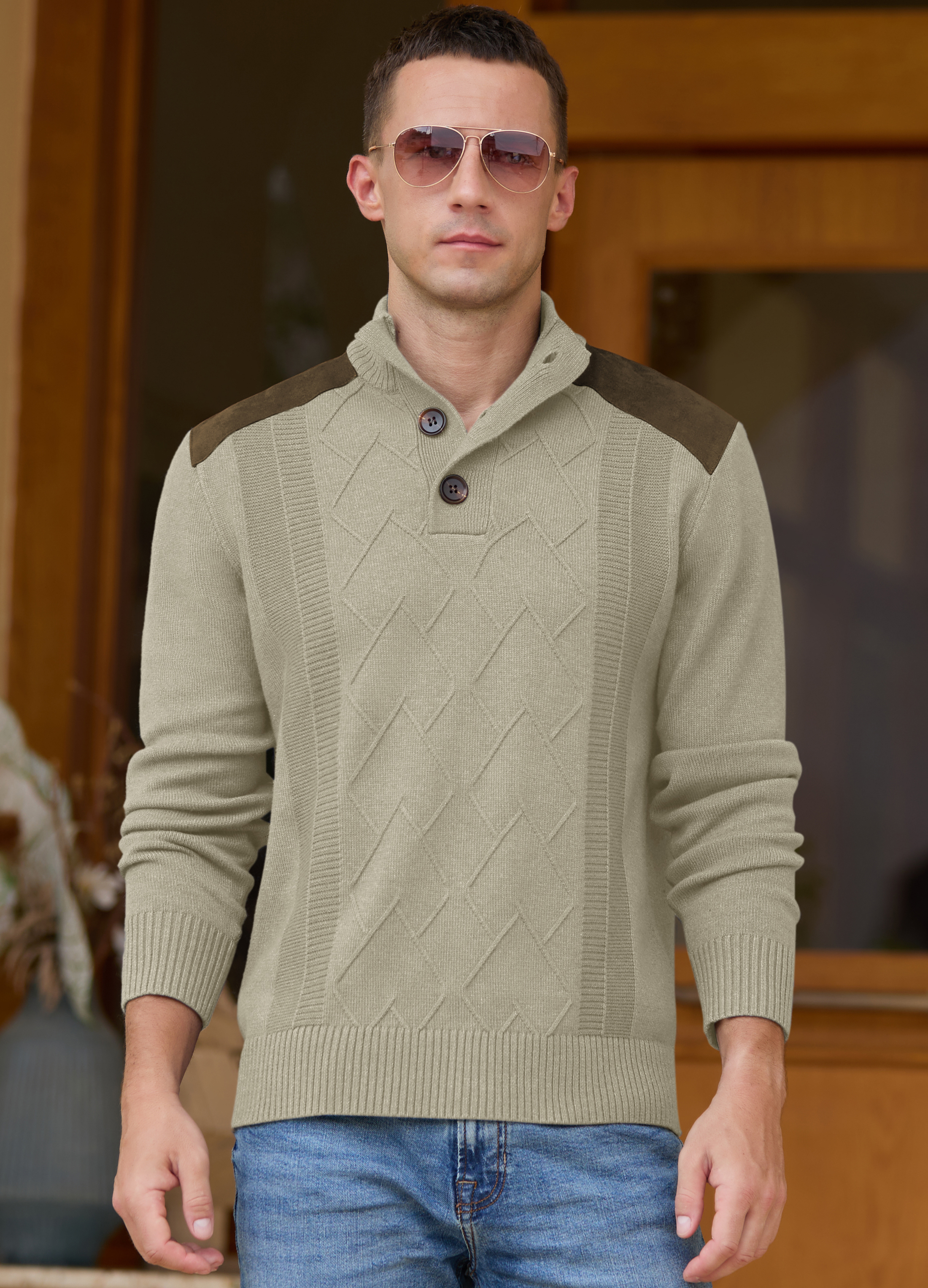 Iceglad Men's Cable Knit Pullover Sweater Stand Collar photo 3