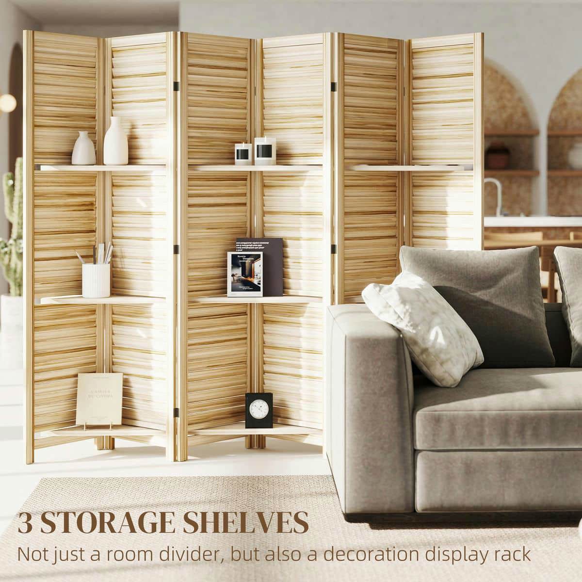 Spaco 6 Panel 67" Tall Wood Privacy Screen, Room Divider, Privacy Screen with 3 Shelves and Folding Storage for Indoor as Living Room, Bedroom, Natural