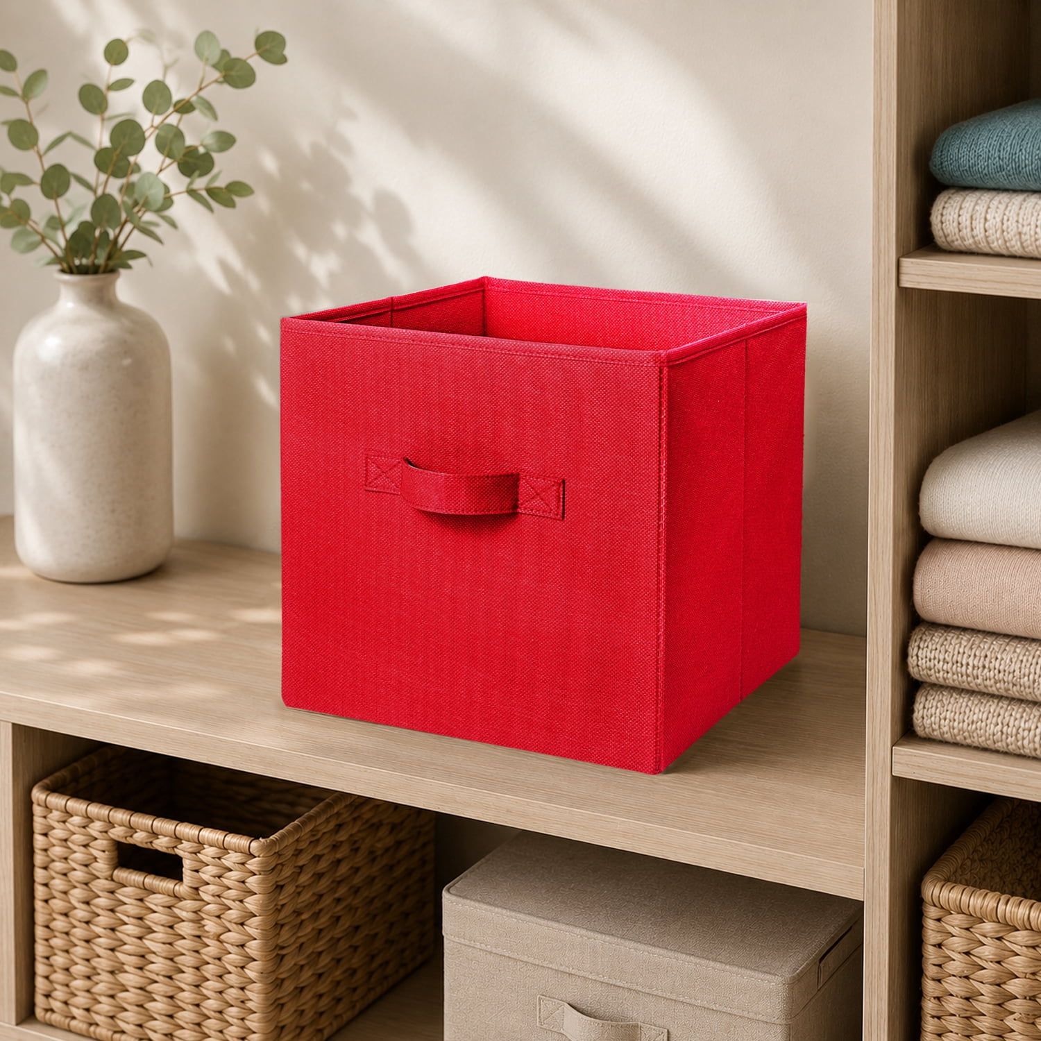Mainstays Collegiate Collapsible Fabric Bins 10.5X10.5, Red Engine, 4 Pack