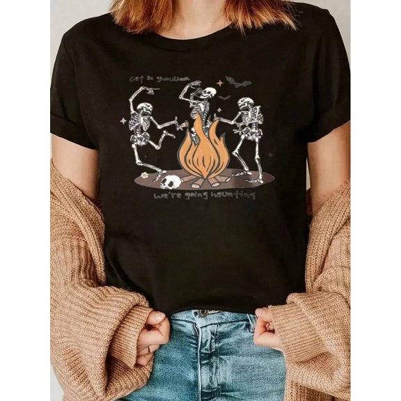 Ghostly Gatherings Halloween T-Shirt - Spooky Crew Neck Cotton Tee Featuring Dancing Skeletons Around A Campfire - Perfect For Halloween Parties, Autumn Festivals, Costume Events