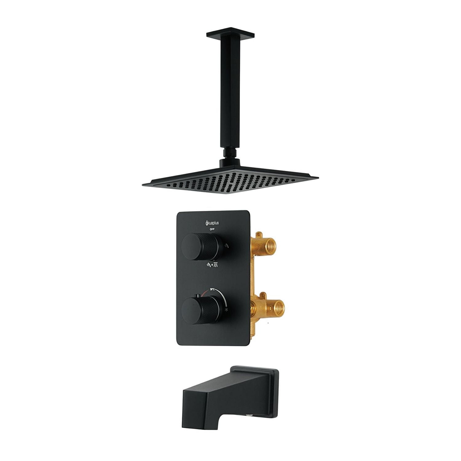 Square 3-functions thermostatic valve, shower head, bath spout or simultaneously, Matte black finish