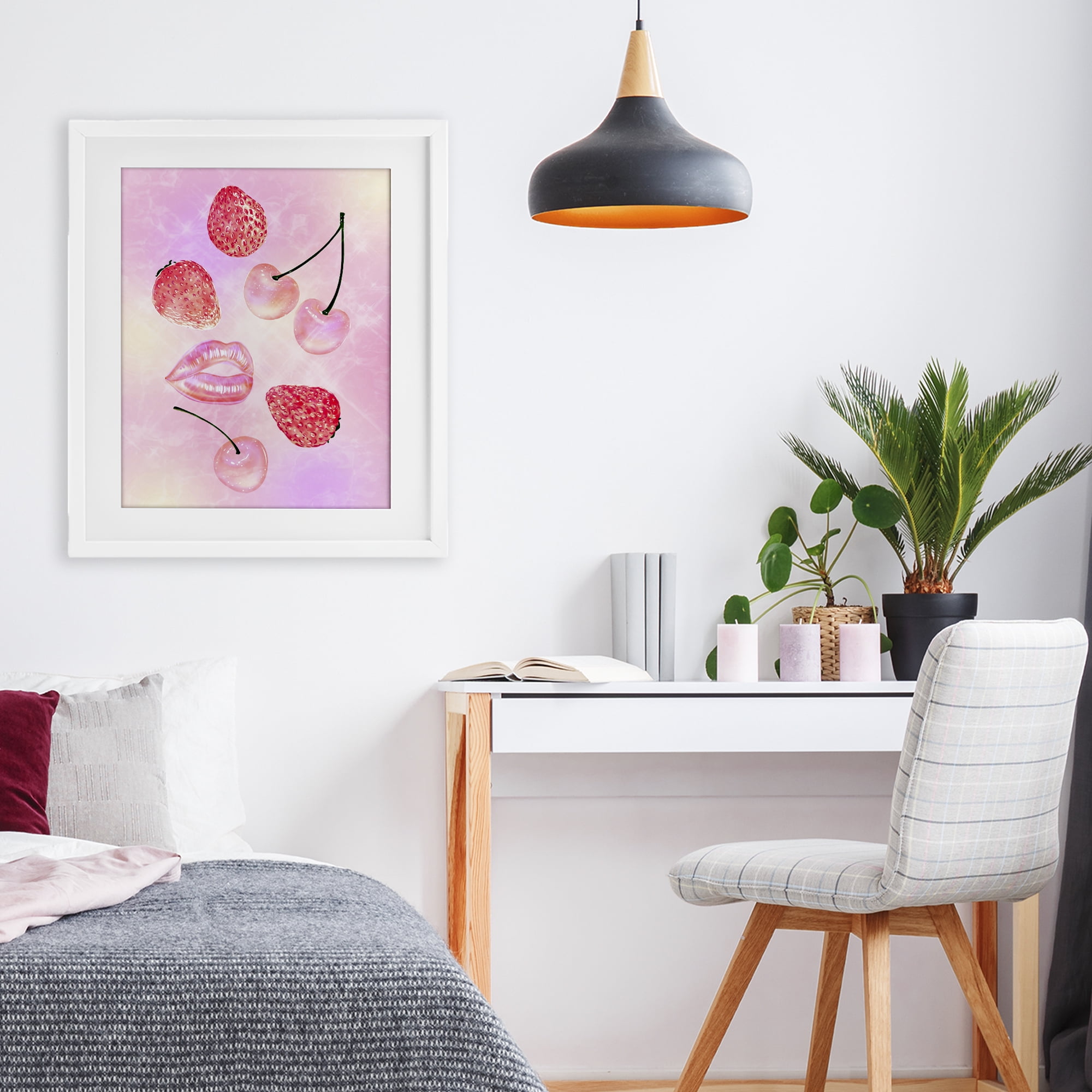 Pink Fruits and Kisses White Framed Print Under Glass, design by Ziwei Li