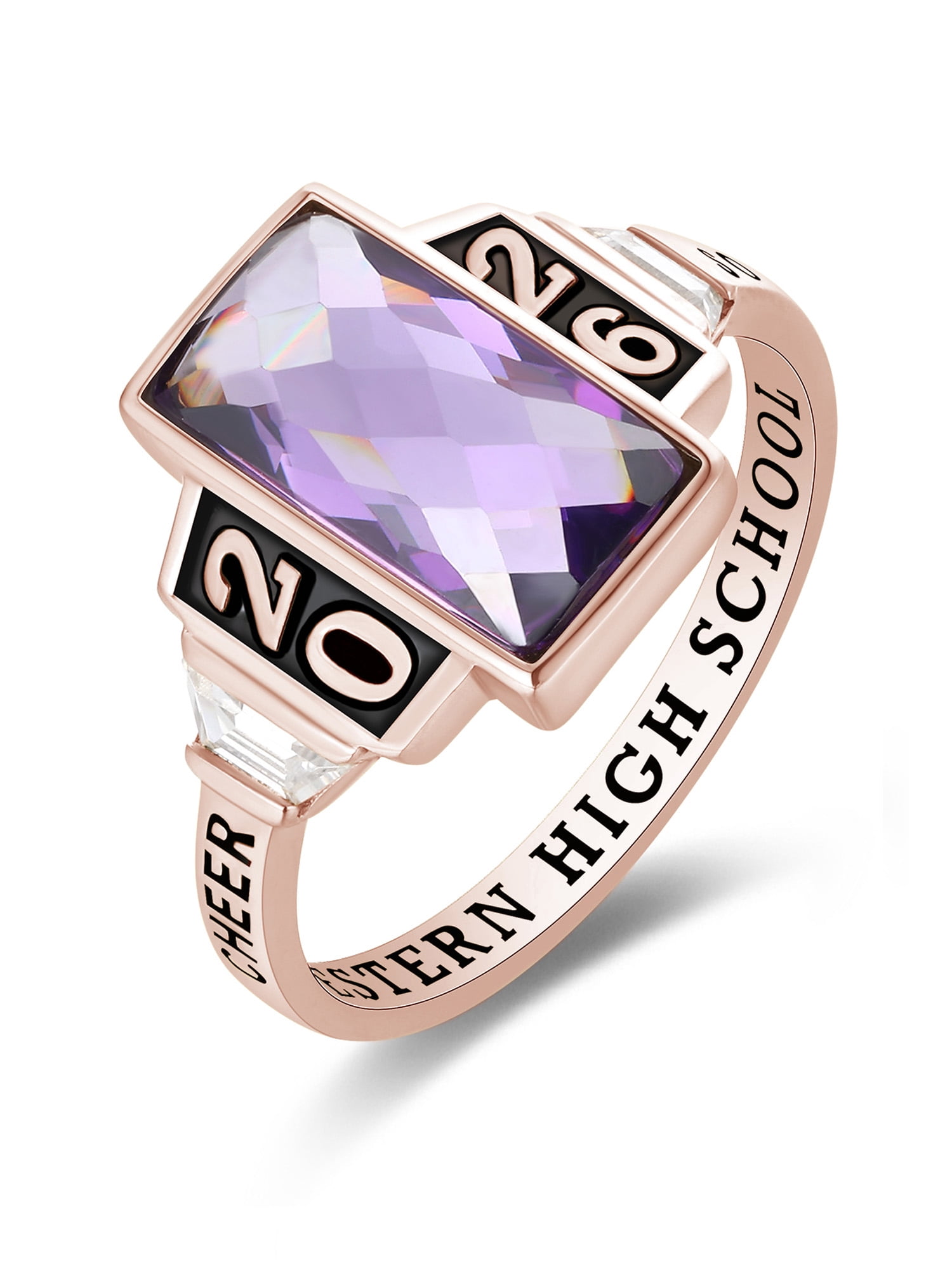 Mementos USA Custom Sterling Silver Class Ring for Women High School College-Rose Gold-Checkboard