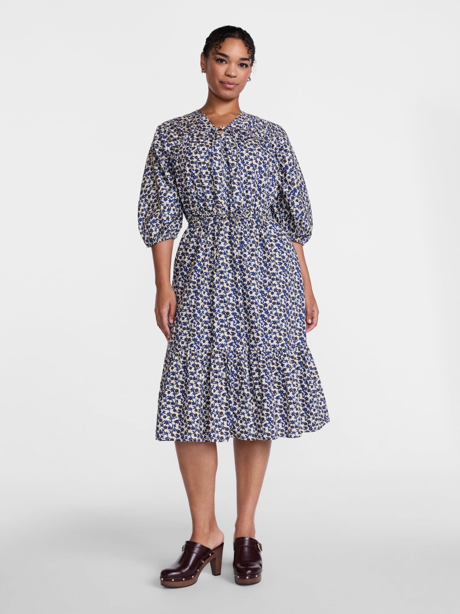 Scenario Women's and Women's Plus Midi Dress with Puff Sleeves, Sizes XS-4X
