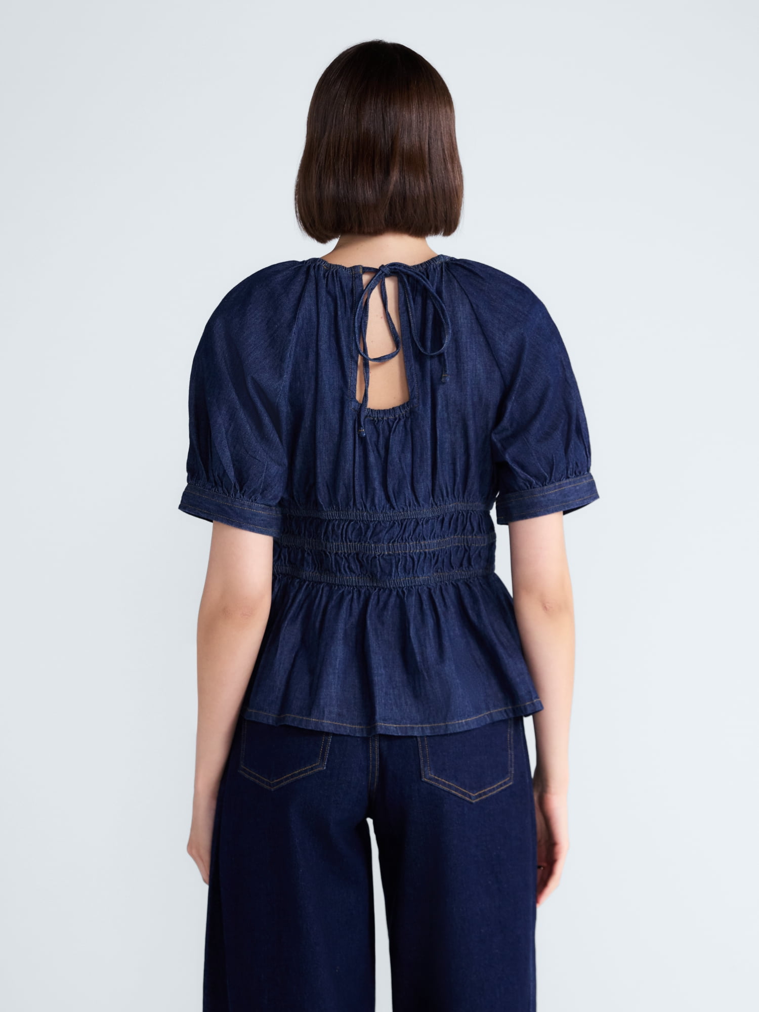 Free Assembly Women's Smocked Denim Top with Peplum Hem, Sizes XS-XXL