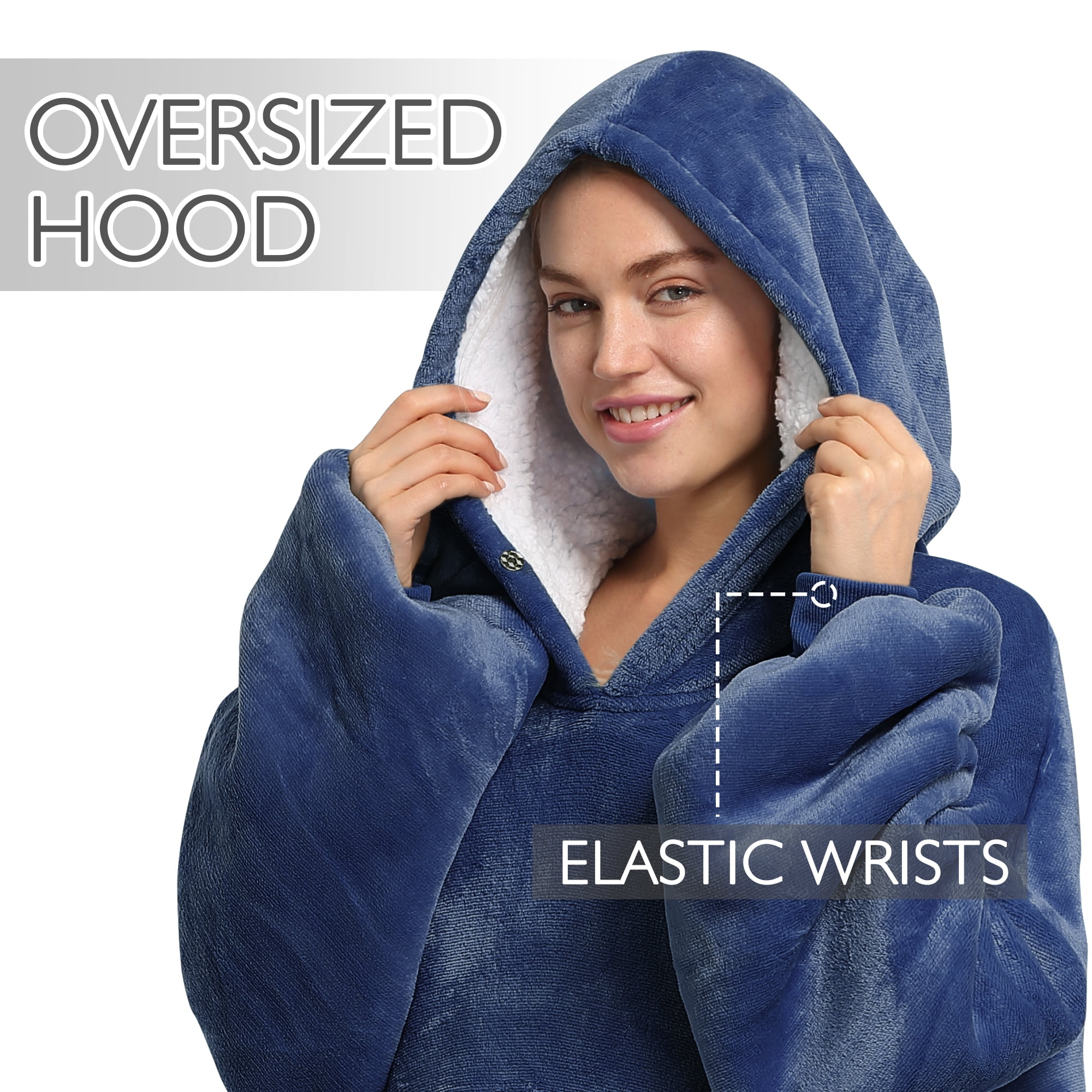 Catalonia Oversized Hoodie Blanket Sweatshirt, Comfortable Sherpa Lounging Pullover for Adults, Gifts for Women, Navy Blue