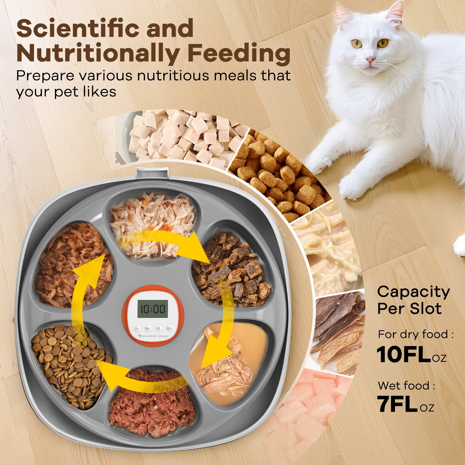 6-Meal Automatic Cat Feeder with 2 Ice Packs, Programmable Food Dispenser for Cats & Small Dogs, White, USB Rechargeable