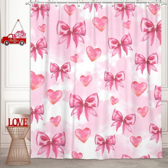Valentine''s Day Shower Curtain, Pink Romantic Butterfly Knot Shower Curtains for Girls Women, Cartoon Love Heart Valentine''s Day Polyester Fabric Waterproof Bathroom Curtains with Hooks