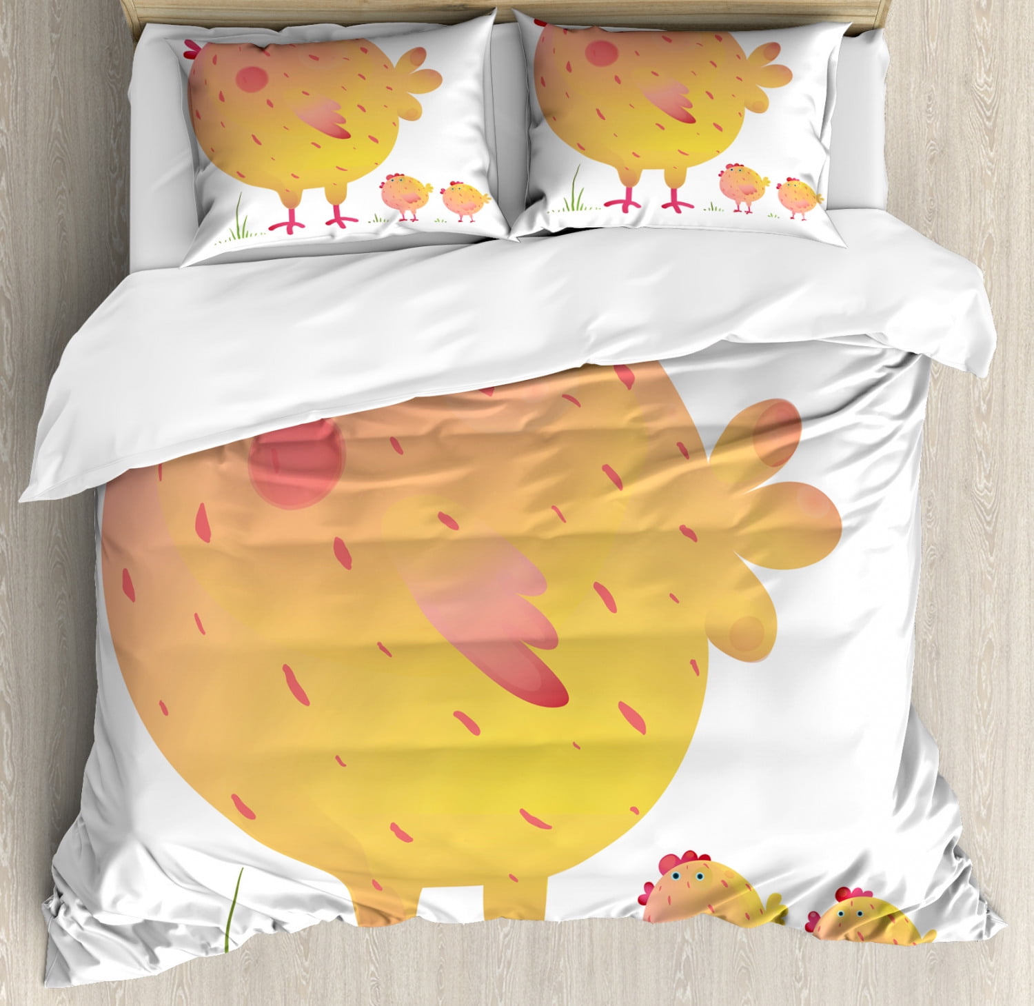 Chicken King Size Duvet Cover Set, Mother Hen and Chicks Farm Animals