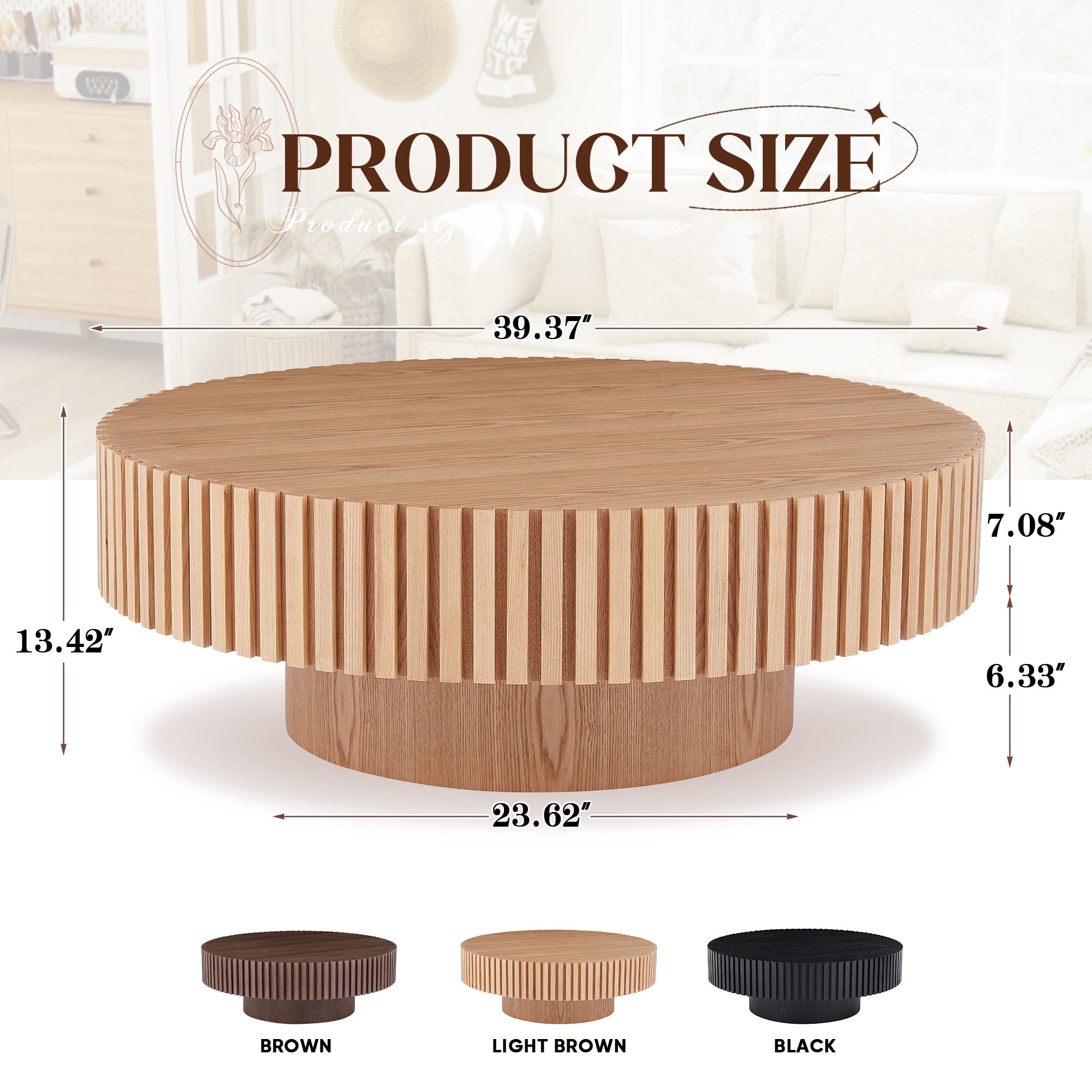 Muumblus 39.37" Large Round Wood Coffee Table, Modern Unique Fluted Accent Center Table for Living Room, Natural Ash
