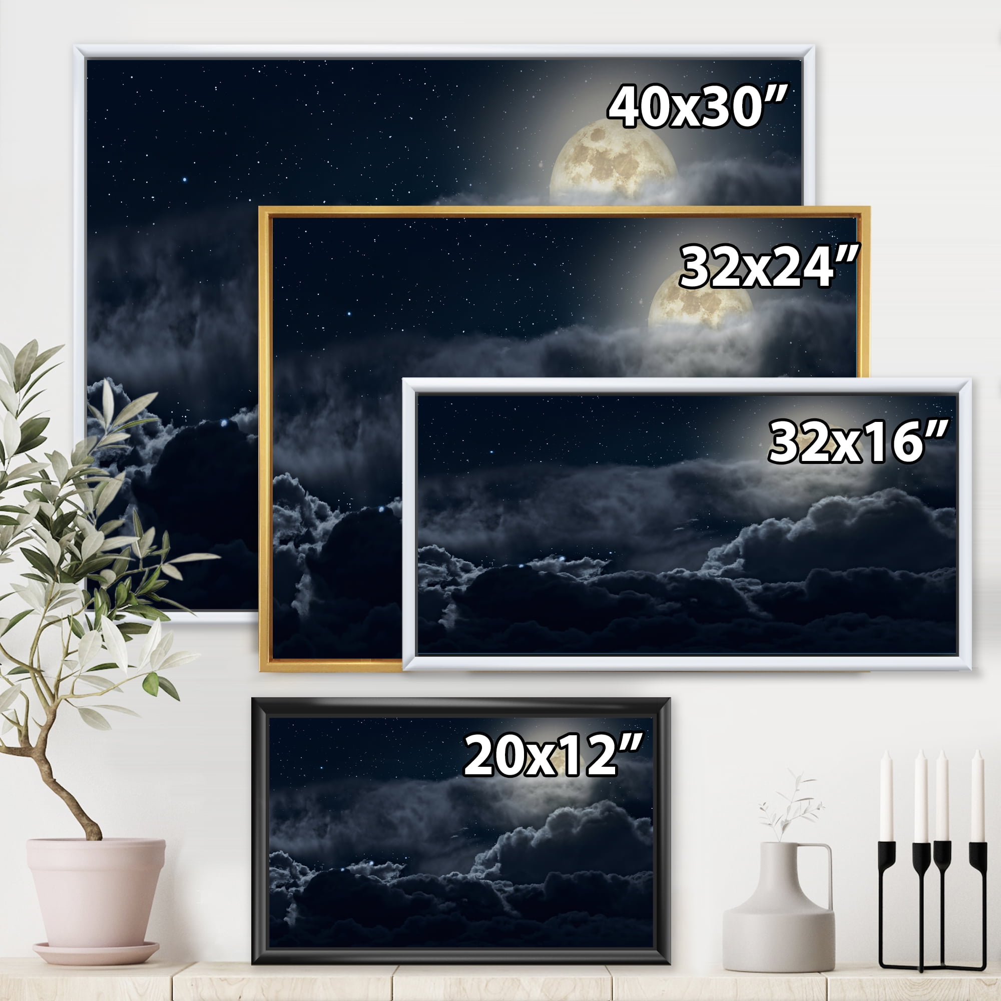 Designart 'Cloudy Full Moon Night With Stars' Nautical & Coastal Framed Canvas Wall Art Print
