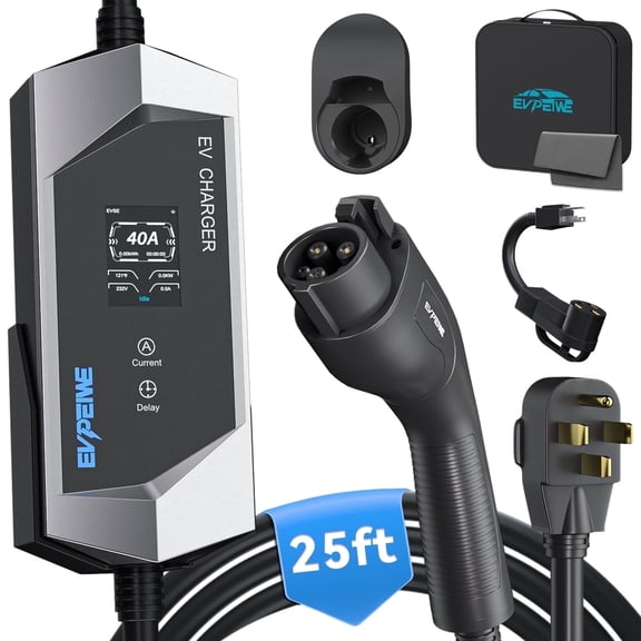EVPEIWE Level 1/2 J1772 EV Charger 40A 25ft, 110-240V Portable EV Charger with NEMA 14-50/NEMA 5-15 Plug