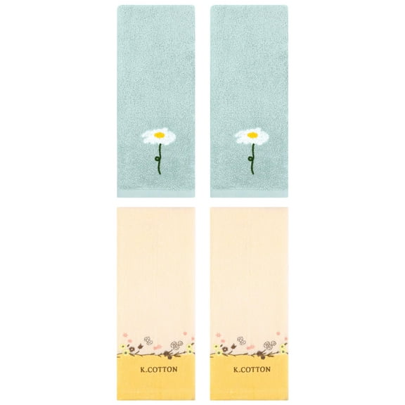 Unique Bargains 4Pcs Comfy Floral Hand Towel Set Blue/Yellow 13" x 30"/13" x 29"