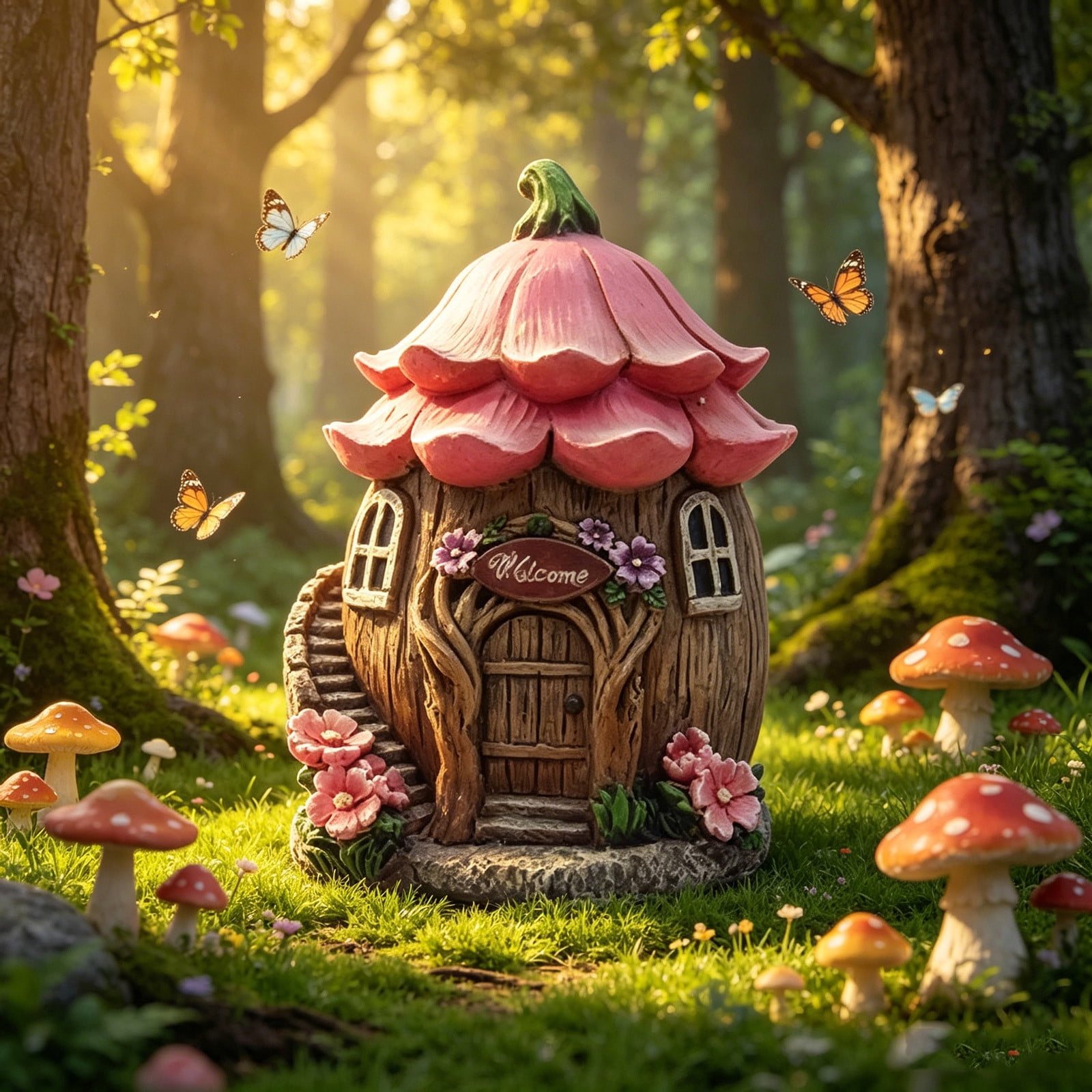 AHGQT Mushroom House Fairy Garden Statue Indoor & Outdoor, Solar Light Garden Figurines for Lawn, Balcony, Yard Decoration, Hand-Painted Resin Garden Decorations for Indoor & Outdoor