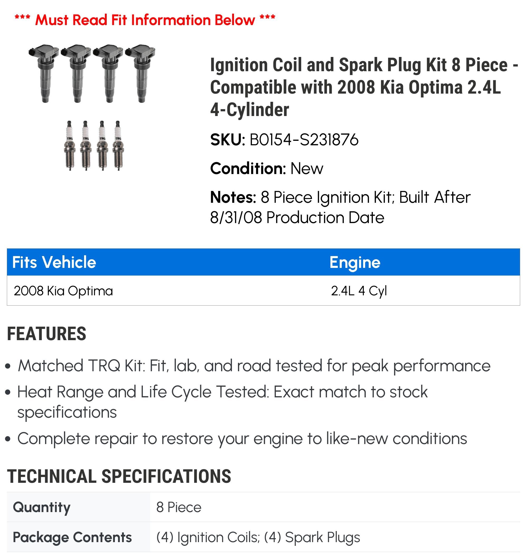 Ignition Coil and Spark Plug Kit 8 Piece - Compatible with 2008 Kia Optima 2.4L 4-Cylinder