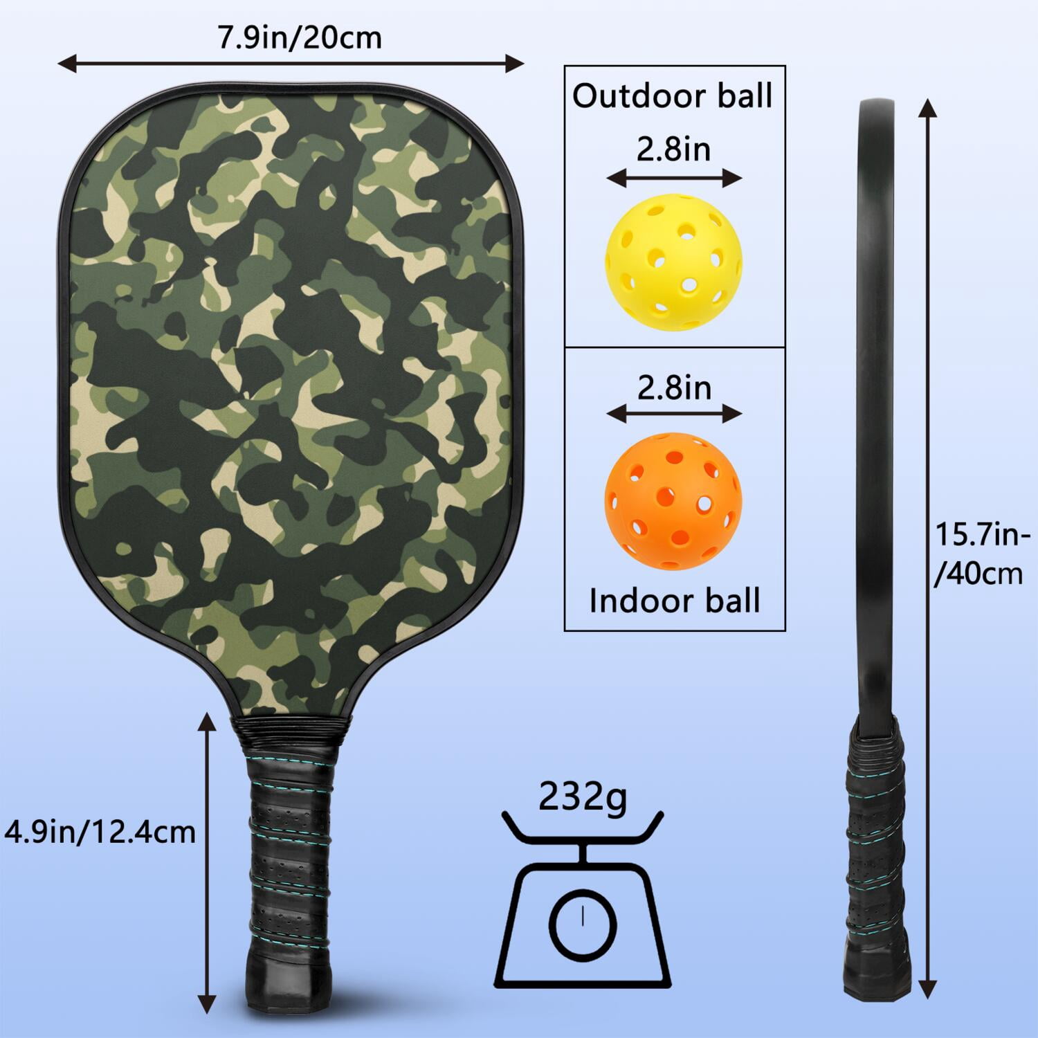Pickleball Paddles Set Of 1, Fiberglass Surface, Camouflage Print, 1 Paddle, 2 Balls & Bag