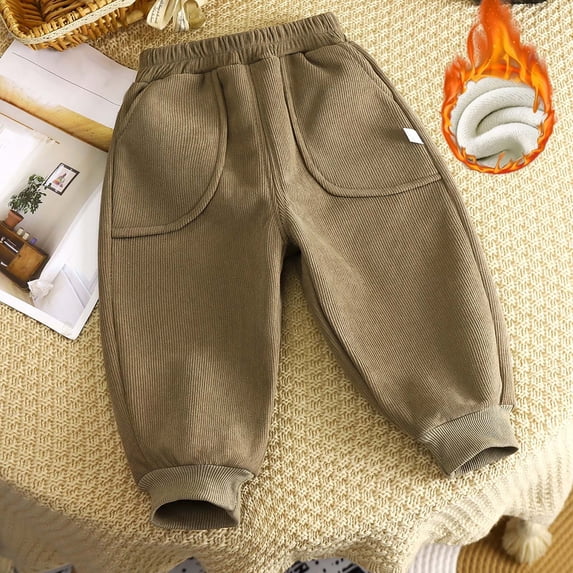 WhouRiu Boys Winter Lined Pants Solid Color Ribbed Warm Elastic Waist Joggers Sweatpants Kids Comfortable Thickened Cute Trousers,8-9 Years
