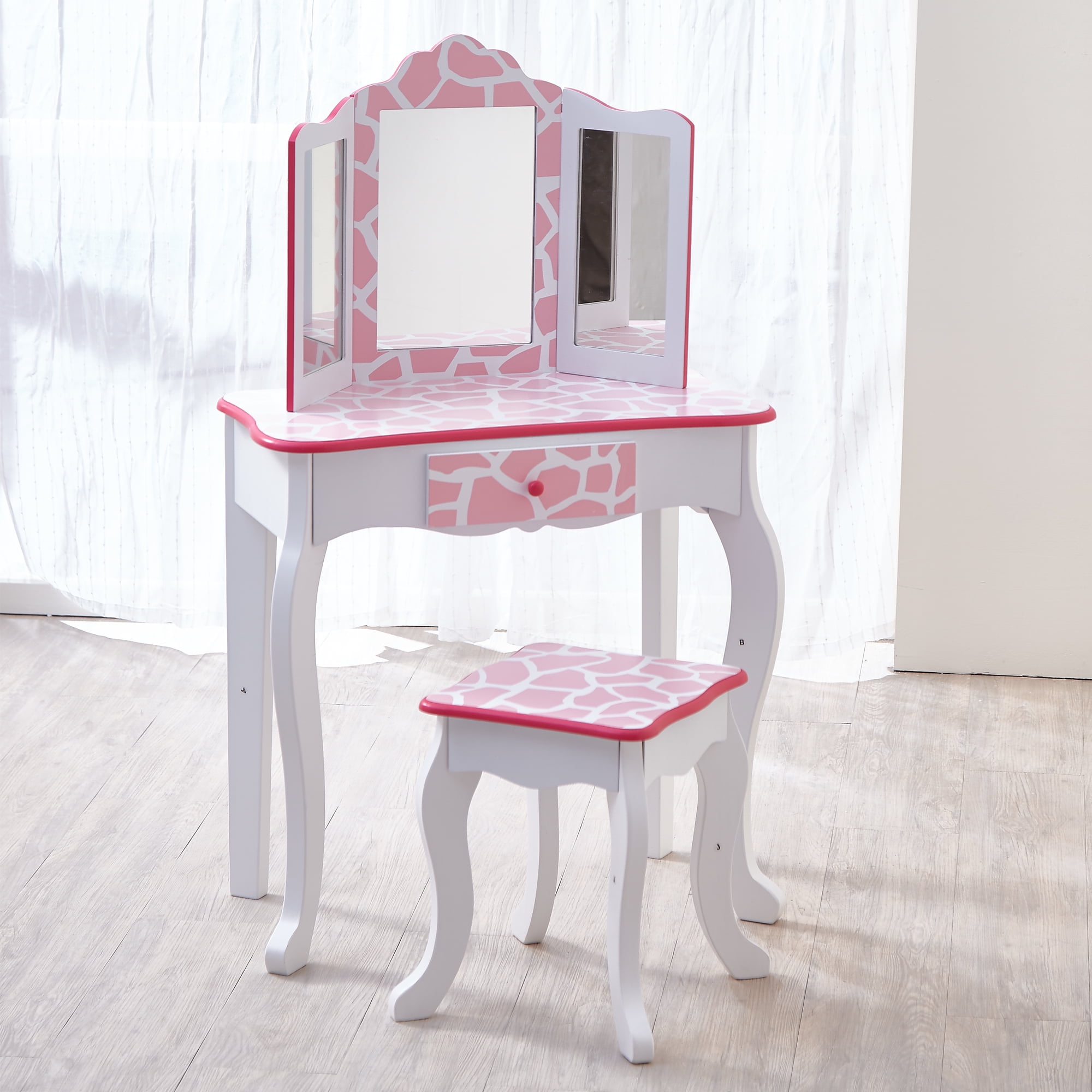 Pink Kids Vanity Dressing Table Stool Mirror Child Pretend Role Play 20p Set Creative Toys Activities Mirror Child Pretend Role Play, Toy Vanity Table And Stool