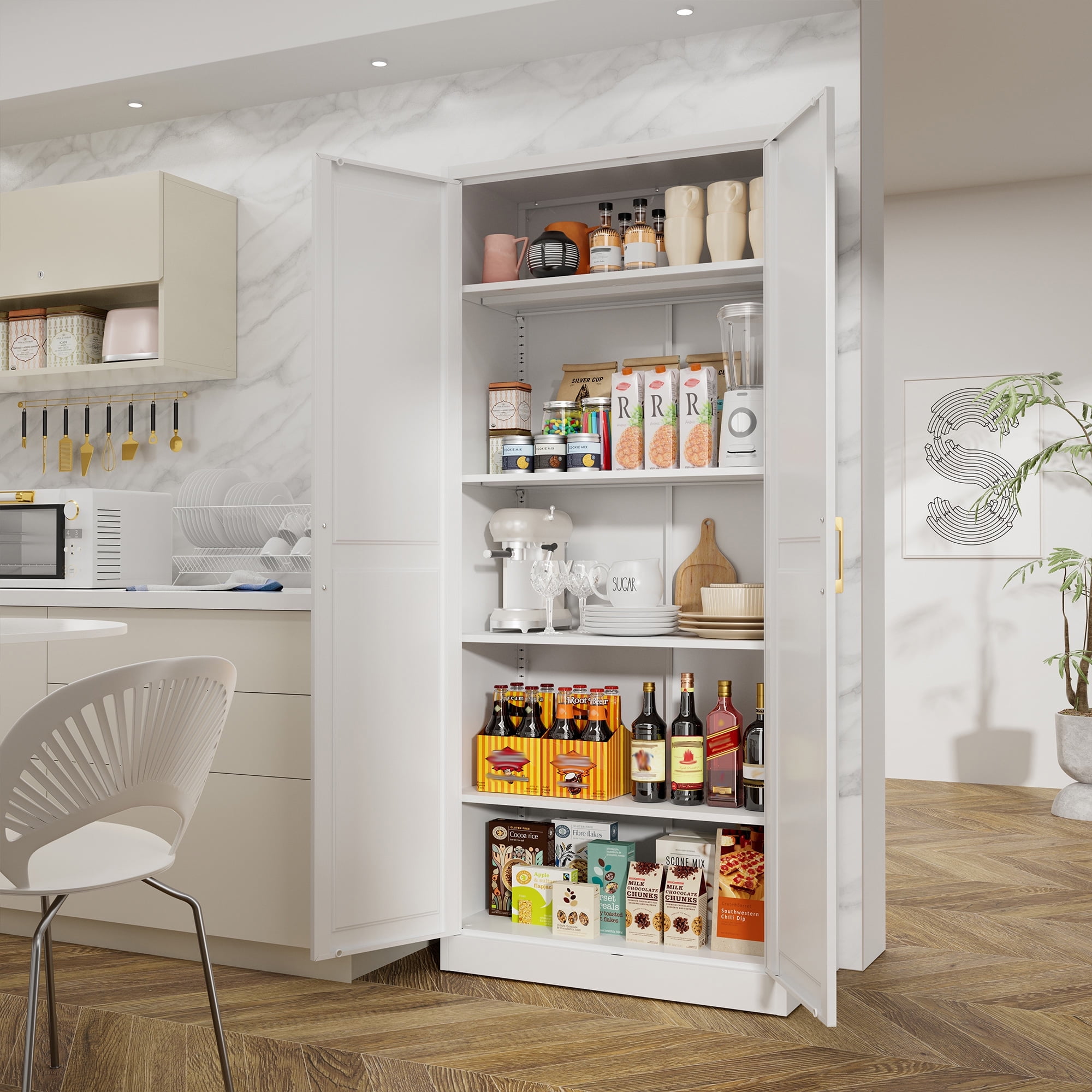 Polup 71" Height Metal White Storage Cabinet, Modern Tall Steel Pantry Cupboard with 2 Doors and Adjustable Shelves for Kitchen Garage and Home