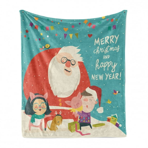 Christmas Soft Flannel Fleece Throw Blanket, Old Santa Claus with Little Children Dog Pig and Colorful Ornaments, Cozy Plush for Indoor and Outdoor Use, 70" x 90", Cadet Blue Multicolor, by Ambesonne