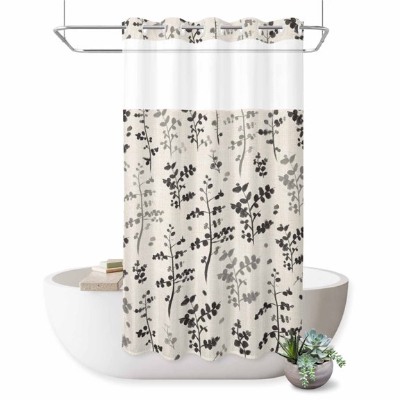 No Hook Shower Curtain, Black Grey Botanical Shower Curtains for Bathroom with See Through Top Window, Rustic Country Spring Floral Summer Leaf Waterproof & Washable Bath Curtain Narrow 54"x78"