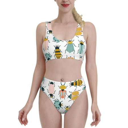 Bixox Colorful Insects Pattern Two-Piece Sports Bikini with U-Shaped Top and High-Waist Bottom - Women s Swimwear with Removable Bra Pads