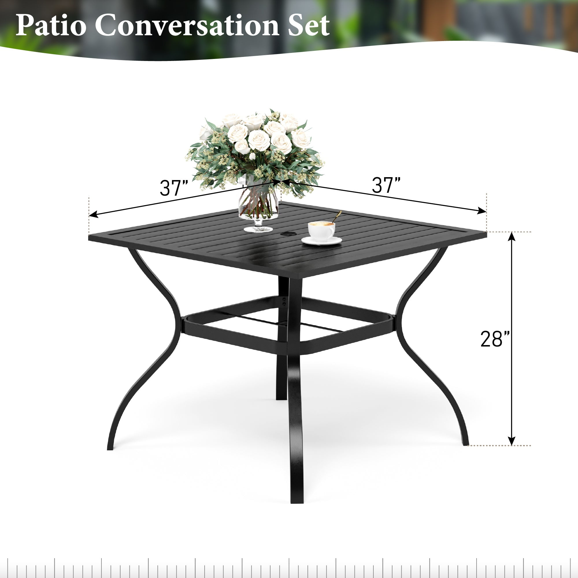 MF Studio 5-Piece Outdoor Patio Dining Set with 4 Wicker Cushioned Armchairs & 1 Square Table, Umbrella Support, Black & Dark Brown