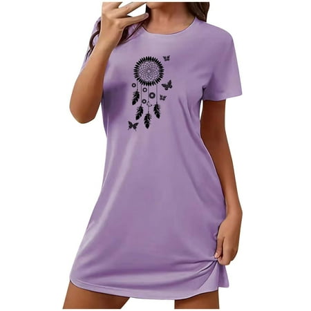 KIHOUT 2024 Fashion Black Round Neck Top Nightdress For Women Clearance Wind Bell Pringted Short Sleeve Loose Slim Long T-shirt Home Casual Ladies Regular Pajamas Nightgown S-2XL