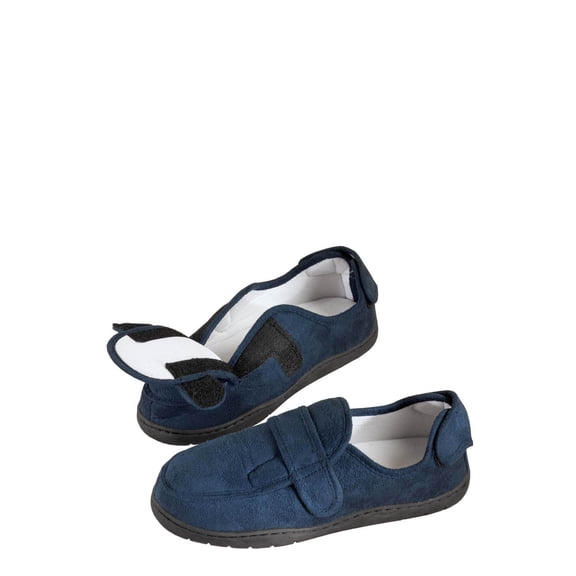 Plush Memory Foam Slippers, Adjustable for Custom Fit, 100% Polyester, Sturdy Rubber Soles, Unisex - Navy Blue, Medium