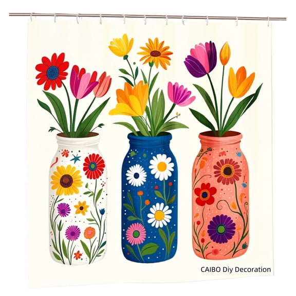 Joocen Polyester Shower Curtain With Colorful Flower Vases Design For Home Bathroom Bath Tub Decoration 72x72 inch