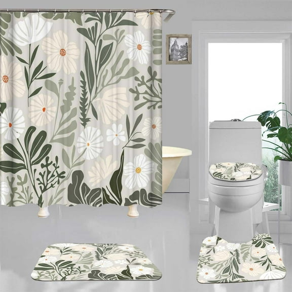 4PCS Boho Floral Shower Curtain Sets with Rugs, Waterproof Fabric White Shower Curtain, Spring Navy Blue Flower Wildflower Green Leaves Plant Botanical Groovy Funky Aesthetic Bathroom Decor