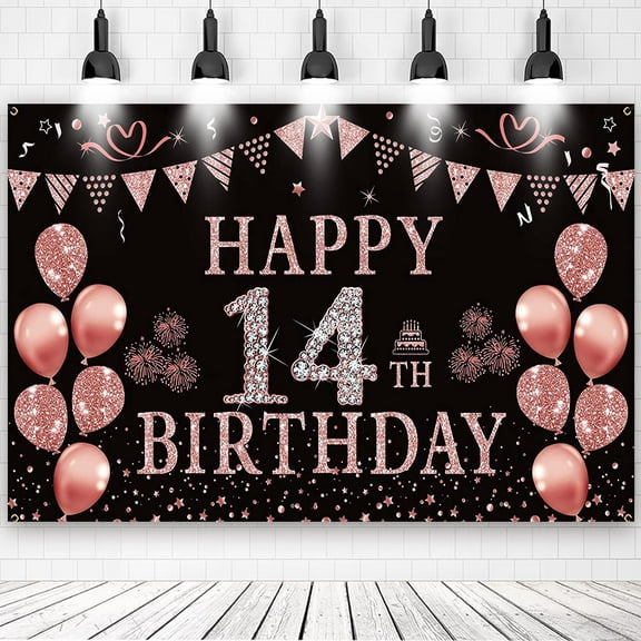 14th Happy Birthday Rose Gold Theme Backdrops Banner Birthday Party Decor Supplies,5.9x3.6ft