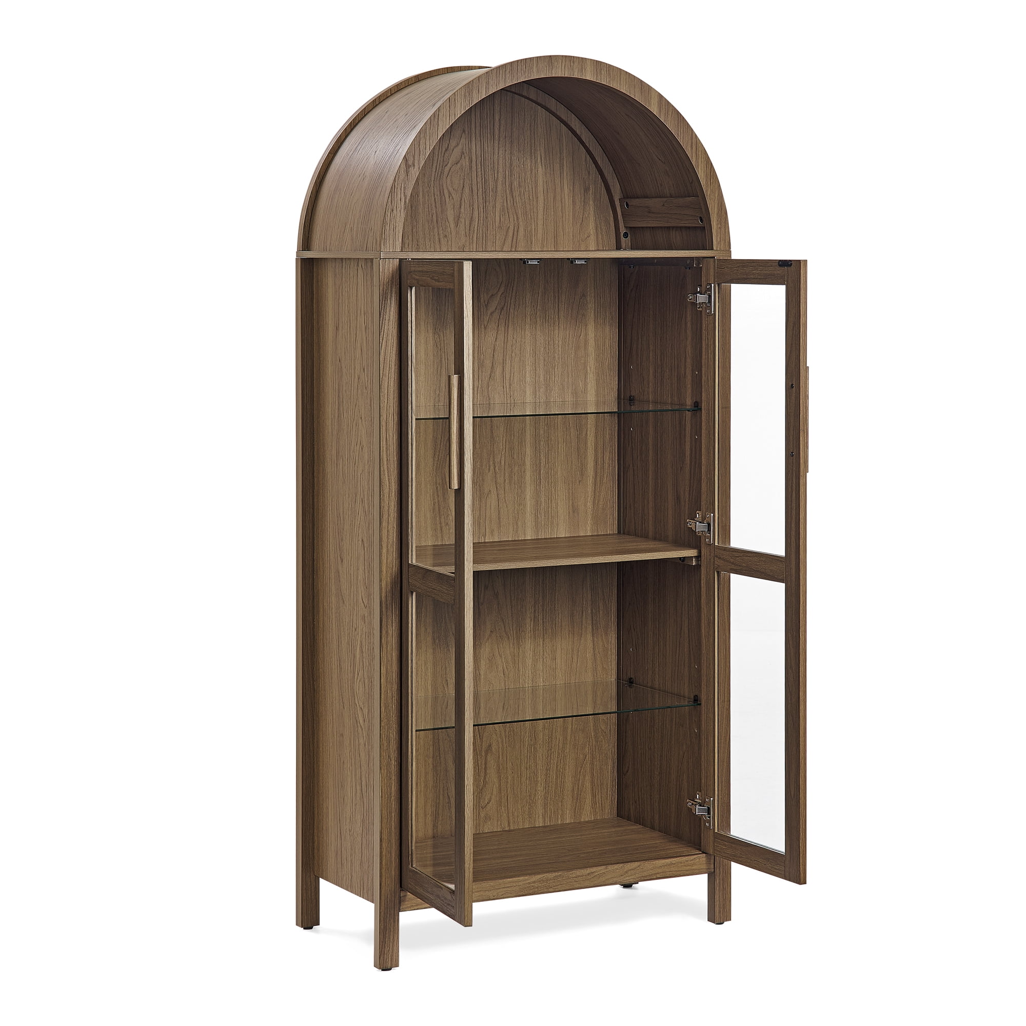Firmoz 67" Arched Pantry Cabinet with Glass Doors, Bookcase with Lamp, Display Storage Shelf for Living Room, Kitchen Walnut
