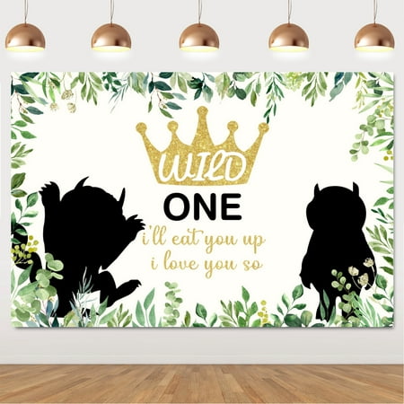 Image of 1.5*1m Wild One Birthday Backdrop Decorations Boys 1st Birthday Party Backdrop with Green Leaves Gold Crown for Wild Jungle Themed Boys 1st Birthday Party Supplies
