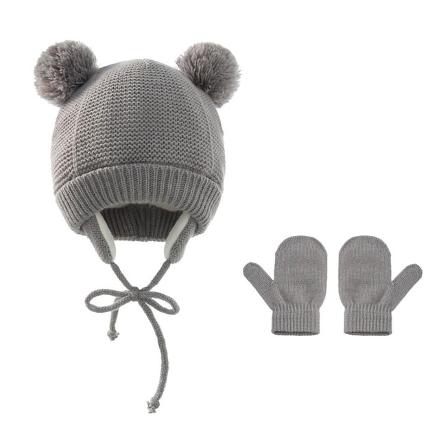 Gorro Con Orejas De Punto Cálido Para Bebés Y Niños, Conjunto De Guantes Cálidos, Gorro De Cúpula Encantador De Color Sólido + Guantes, Novedad De 2021 Advancent AP006663-03