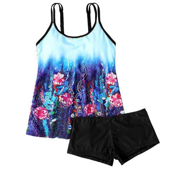 WTOBBY Women's Skirted Bikini Set Two-Piece Swimsuit Floral Print High Waisted Sexy Swimwear with Bra Pads Non-Steel Support,Blue S